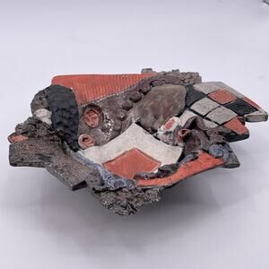 Unique Decorative Bowl Handmade Mixed Media Art Dish Tray Multicolor Orange Gray